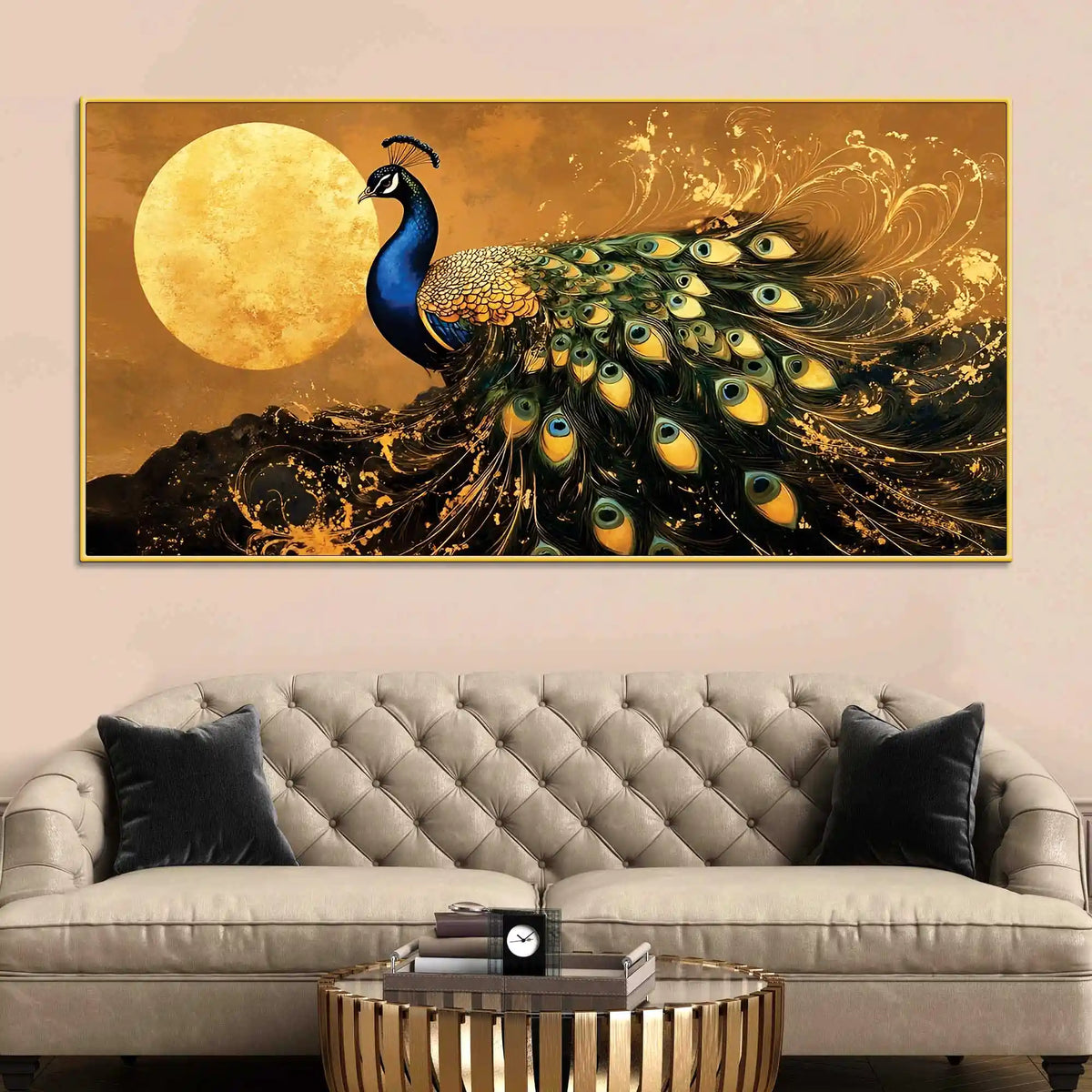 Magnificent Peacock Dances in Silence under the Golden Moon Canvas Wall Painting