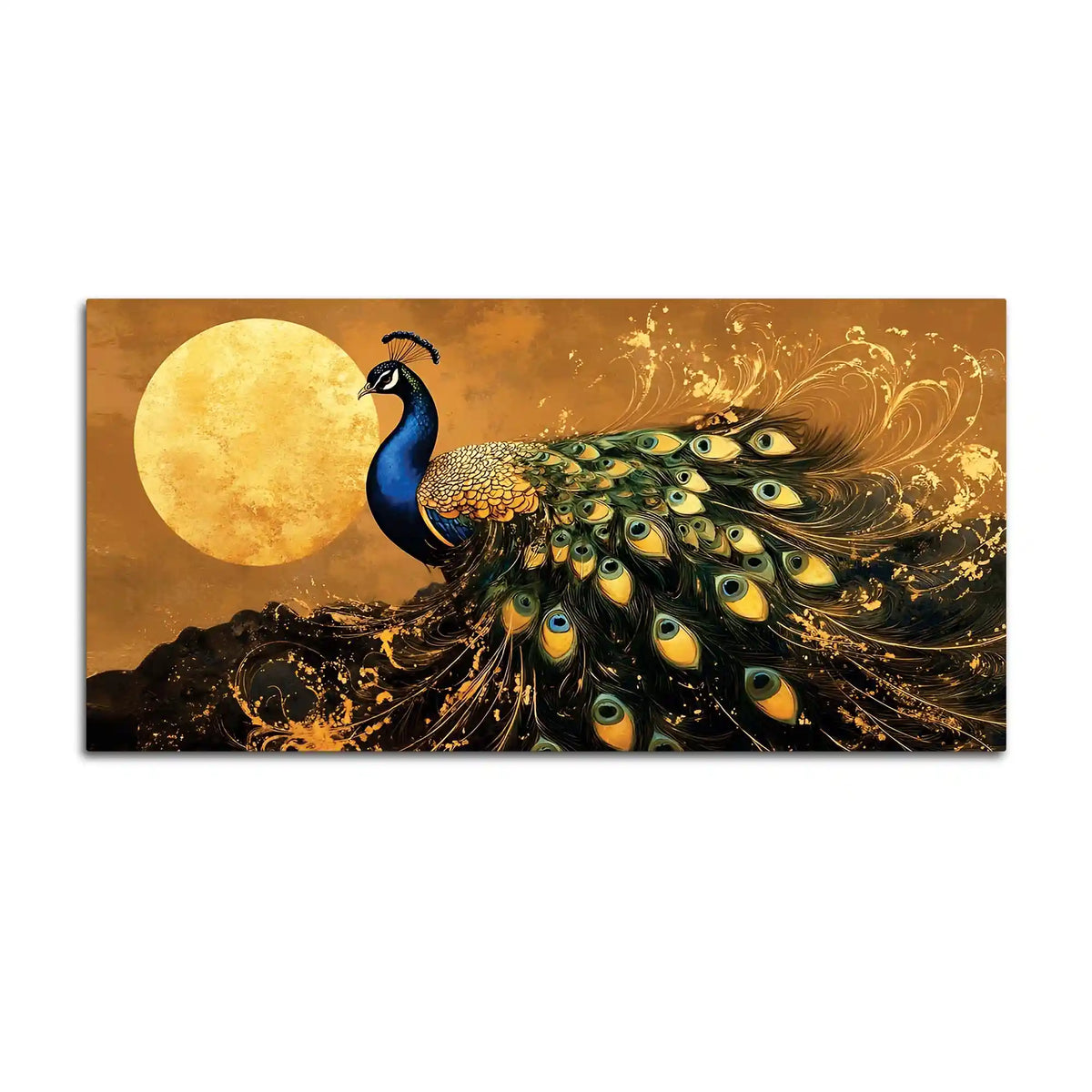 Magnificent Peacock Dances in Silence under the Golden Moon Canvas Wall Painting