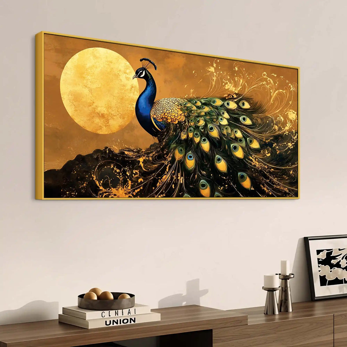 Magnificent Peacock Dances in Silence under the Golden Moon Canvas Wall Painting