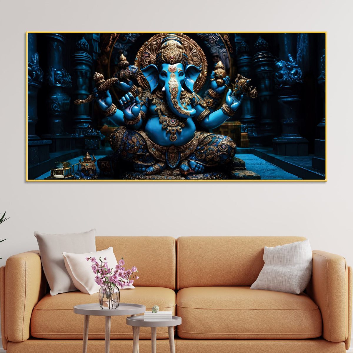 Maha Ganesh in Sacred Blue Premium Canvas Wall Painting for Living Room & Pooja Space – Modern Religious Wall Decor