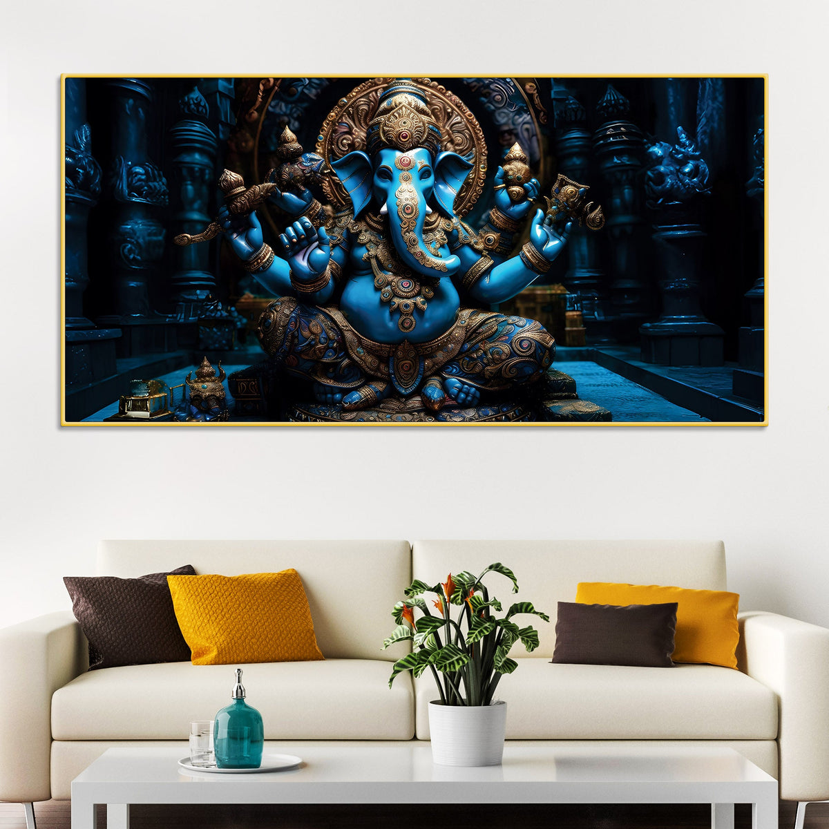 Maha Ganesh in Sacred Blue Premium Canvas Wall Painting for Living Room & Pooja Space – Modern Religious Wall Decor