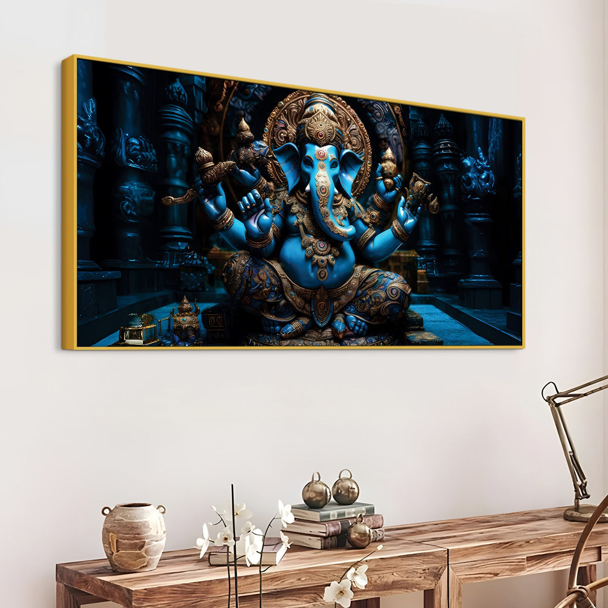 Maha Ganesh in Sacred Blue Premium Canvas Wall Painting for Living Room & Pooja Space – Modern Religious Wall Decor