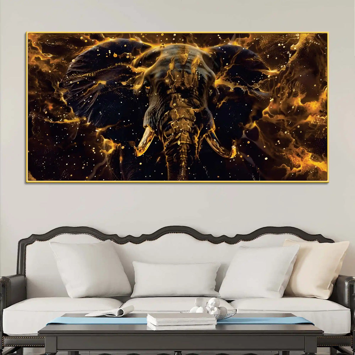 Majestic Black Elephant with Lightning Abstract Design Canvas Wall Painting