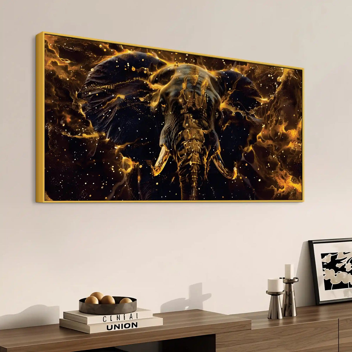 Majestic Black Elephant with Lightning Abstract Design Canvas Wall Painting