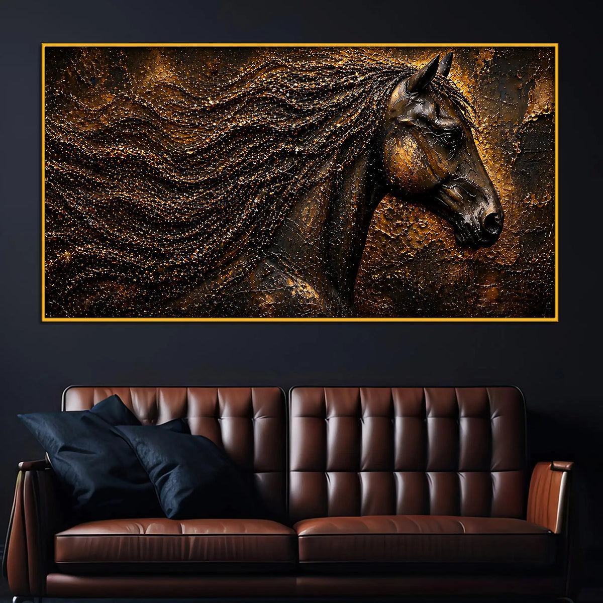 Majestic Black Horse Floating Frame Crystal Wall Painting