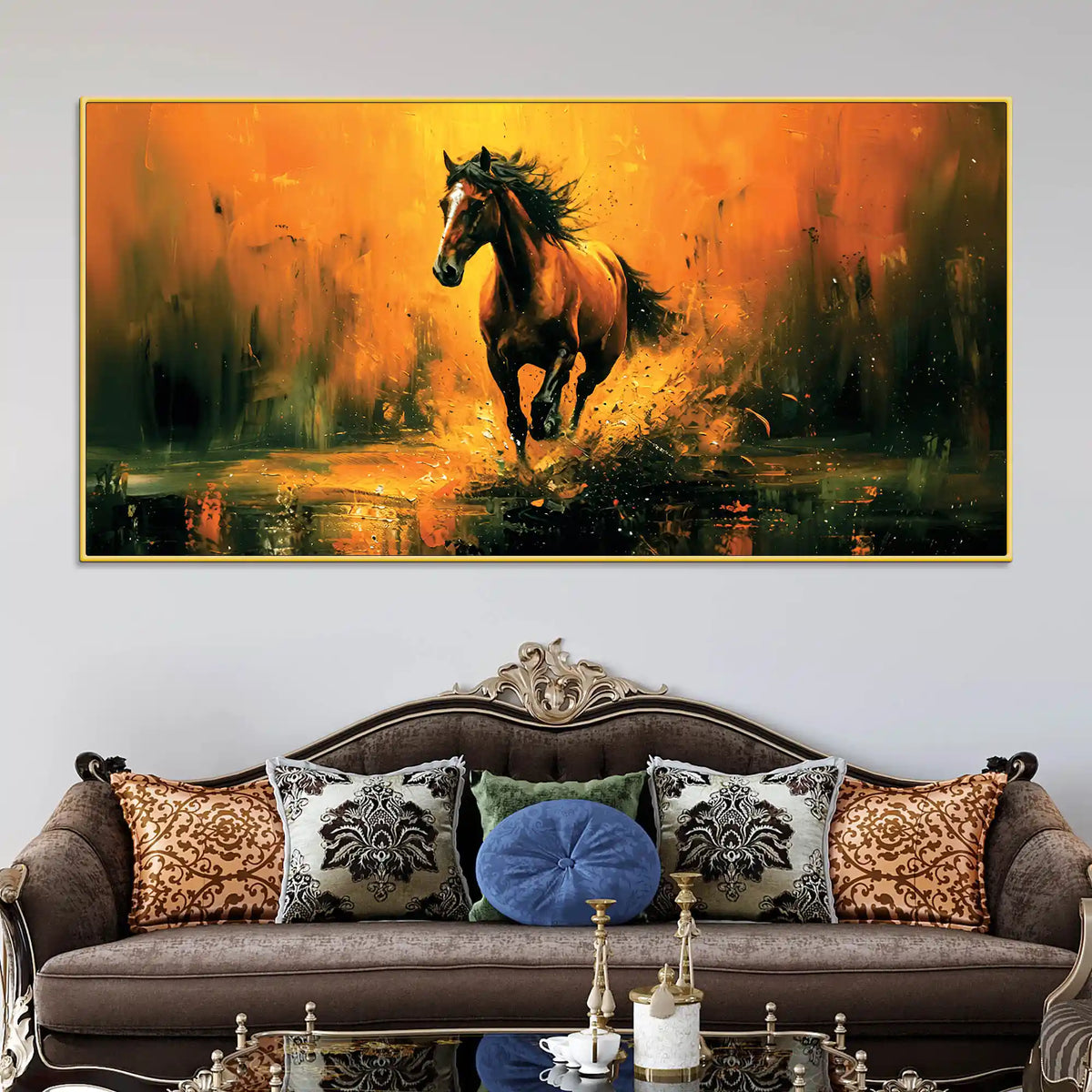 Majestic Black Running Horse Abstract Stallion Canvas Wall Painting