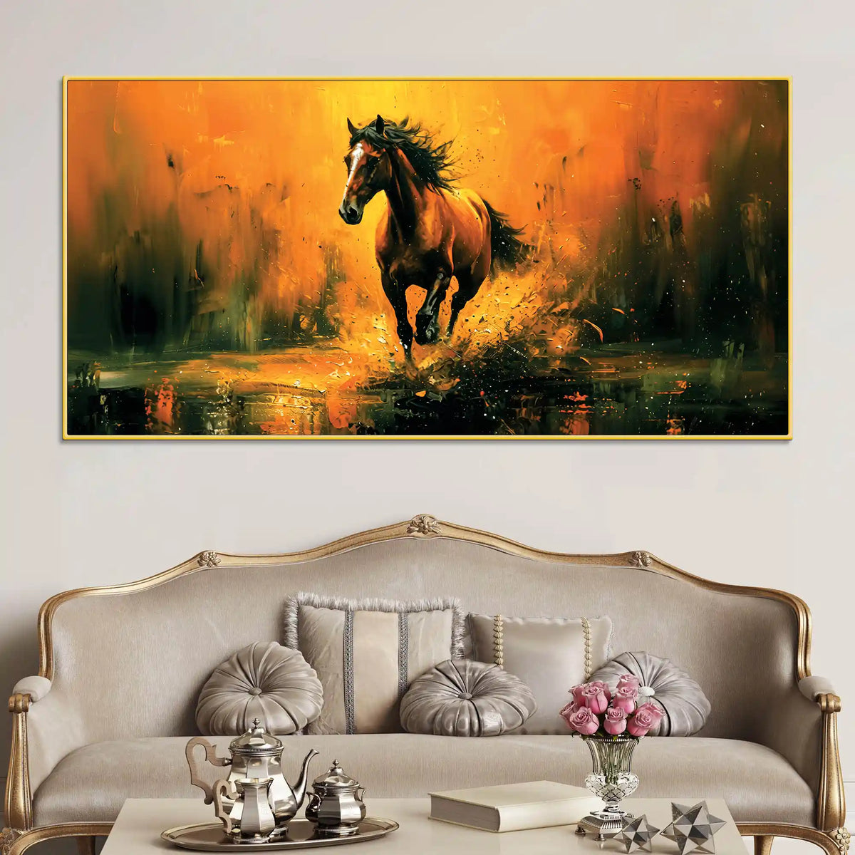Majestic Black Running Horse Abstract Stallion Canvas Wall Painting