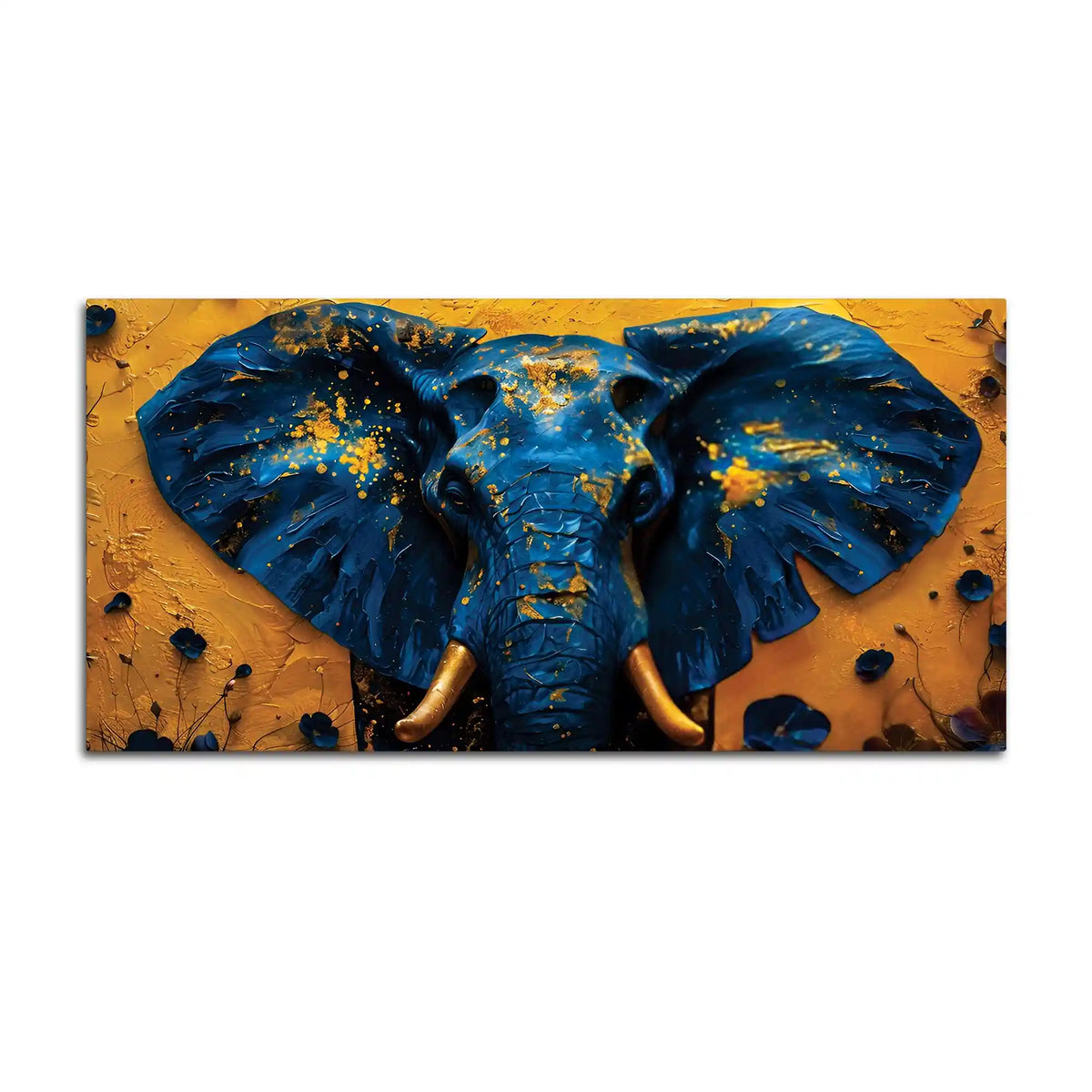 Majestic Blue Elephant Face with Golden Accents Luxury Canvas Wall Painting