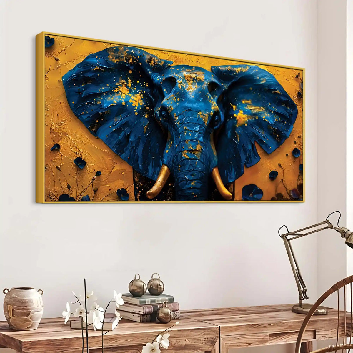 Majestic Blue Elephant Face with Golden Accents Luxury Canvas Wall Painting