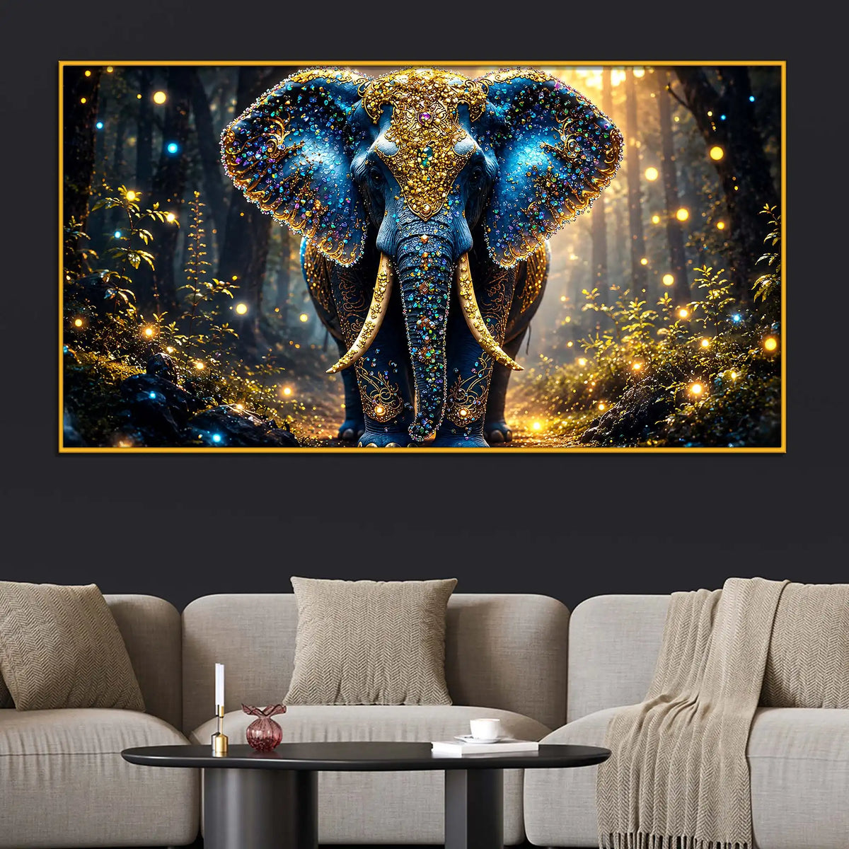 Majestic Blue Elephant Floating Frame Crystal Wall Painting