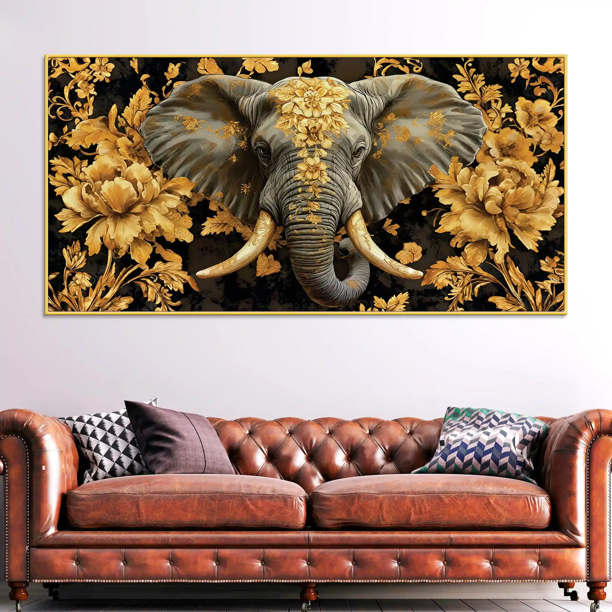 Majestic Elephant Head with Golden Flowers Luxury Canvas Wall Painting