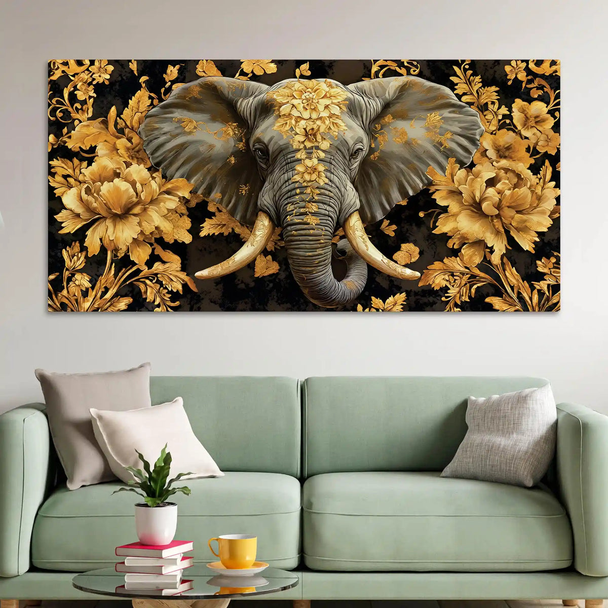 Majestic Elephant Head with Golden Flowers Luxury Canvas Wall Painting