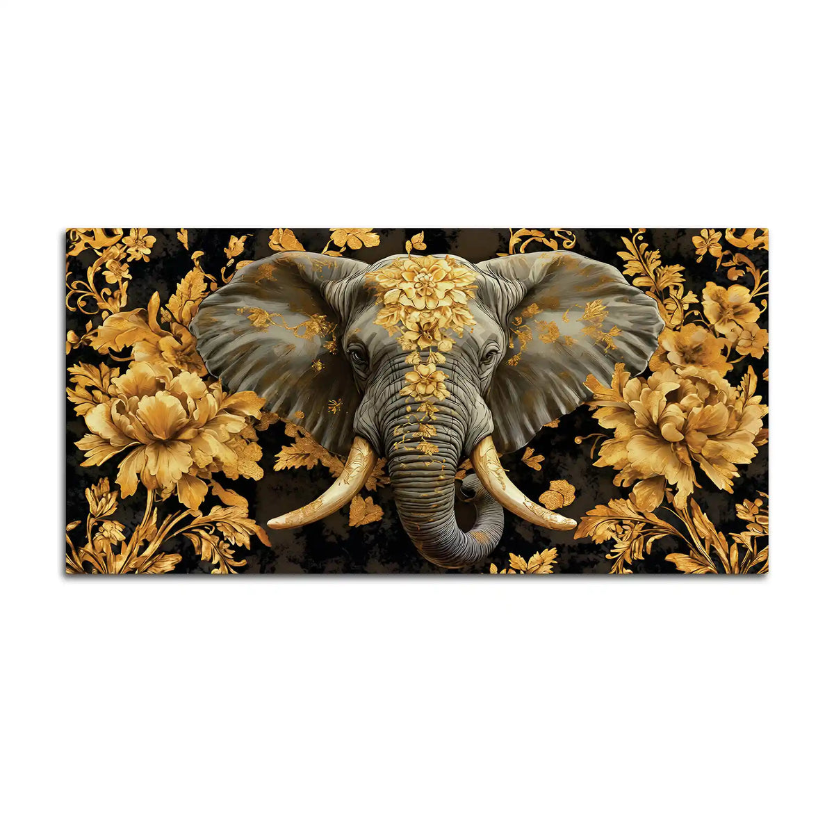 Majestic Elephant Head with Golden Flowers Luxury Canvas Wall Painting