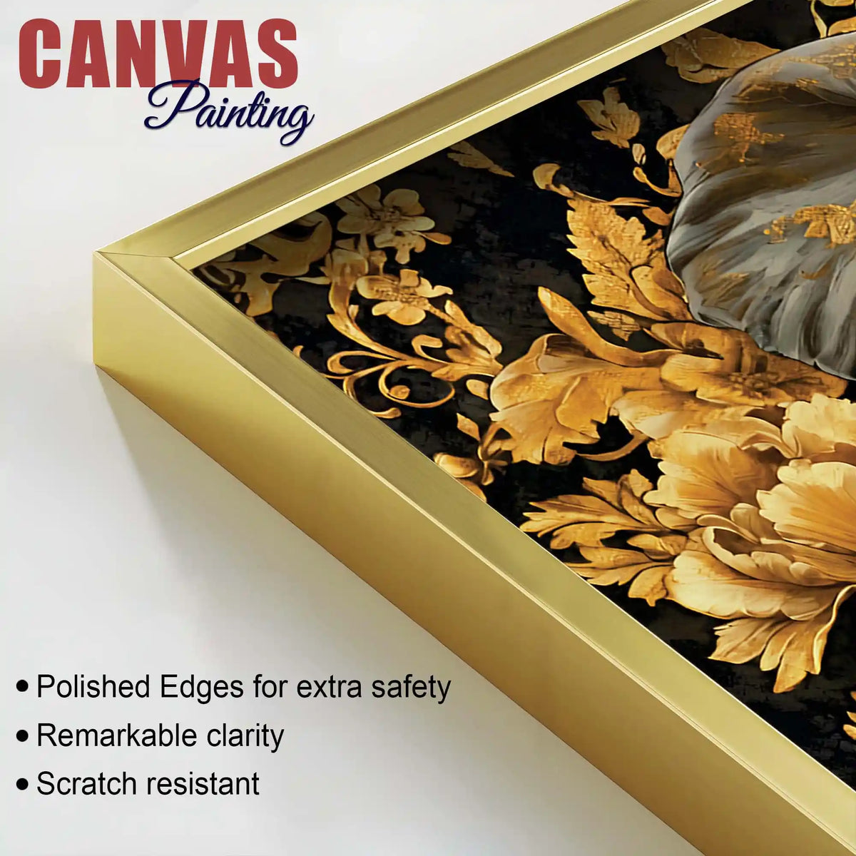 Majestic Elephant Head with Golden Flowers Luxury Canvas Wall Painting