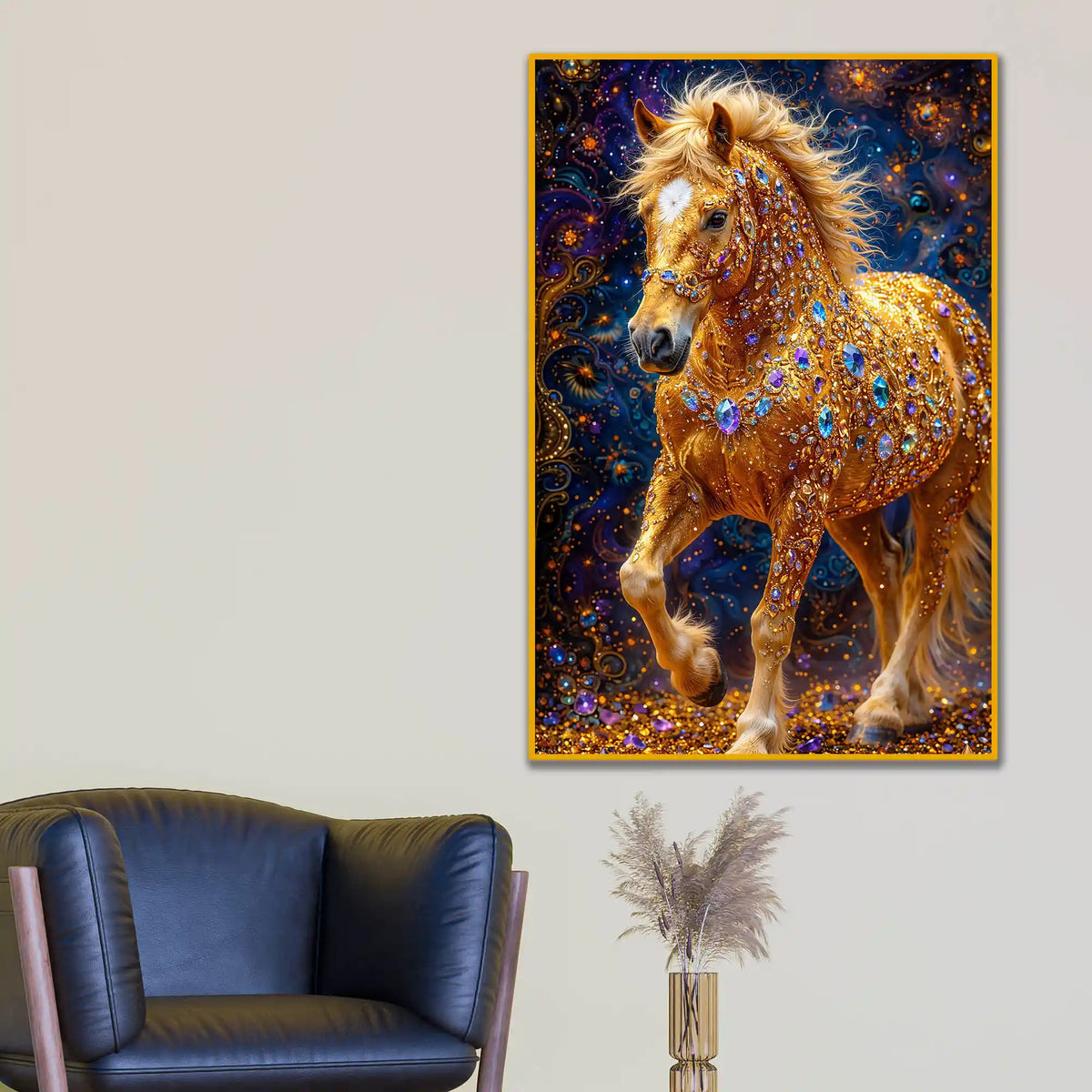 Majestic Golden Horse Floating Frame Crystal Wall Painting