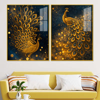 Majestic Golden Peacock Acrylic Floating Wall Painting Set of 2