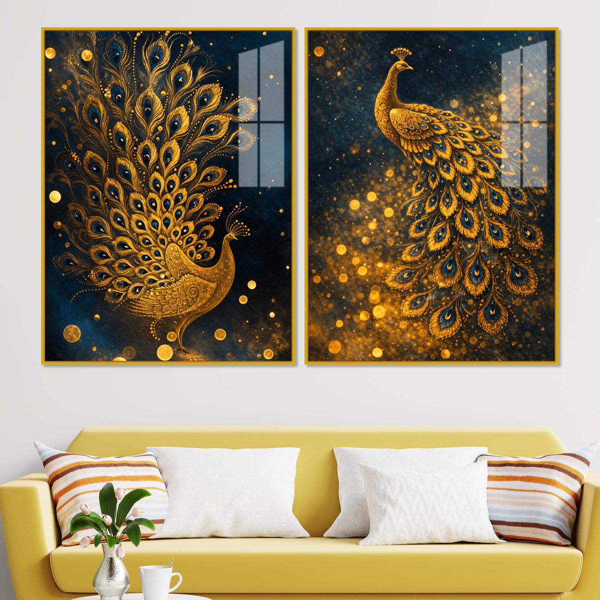 Majestic Golden Peacock Acrylic Floating Wall Painting Set of 2