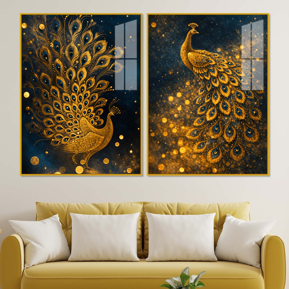 Majestic Golden Peacock Acrylic Floating Wall Painting Set of 2