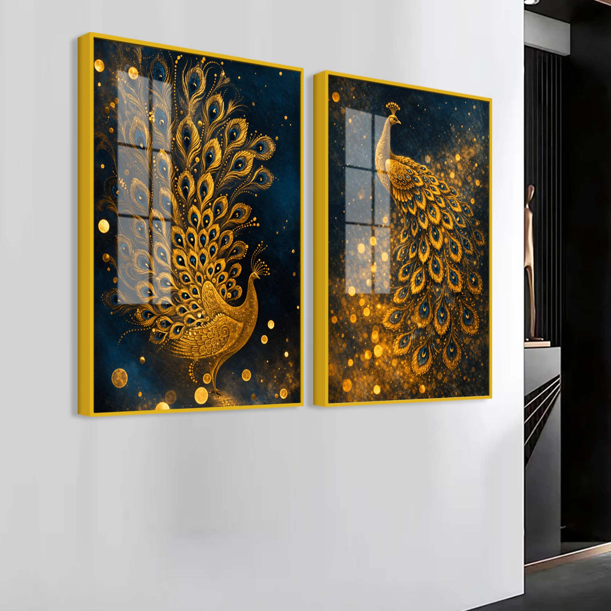 Majestic Golden Peacock Acrylic Floating Wall Painting Set of 2