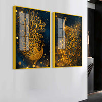 Majestic Golden Peacock Acrylic Floating Wall Painting Set of 2