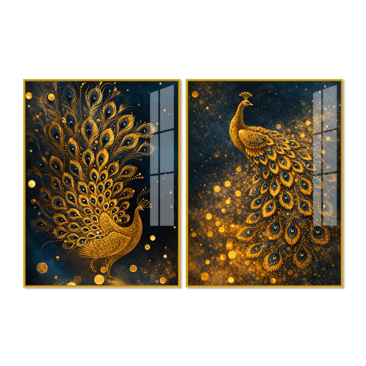Majestic Golden Peacock Acrylic Floating Wall Painting Set of 2