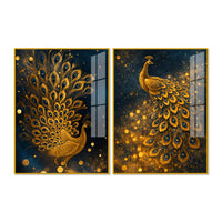 Majestic Golden Peacock Acrylic Floating Wall Painting Set of 2