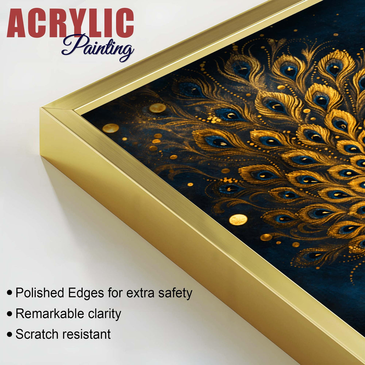 Majestic Golden Peacock Acrylic Floating Wall Painting Set of 2