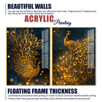 Majestic Golden Peacock Acrylic Floating Wall Painting Set of 2