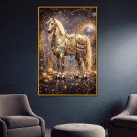 Majestic Horse with Golden Embellishments Floating Frame Crystal Wall Painting