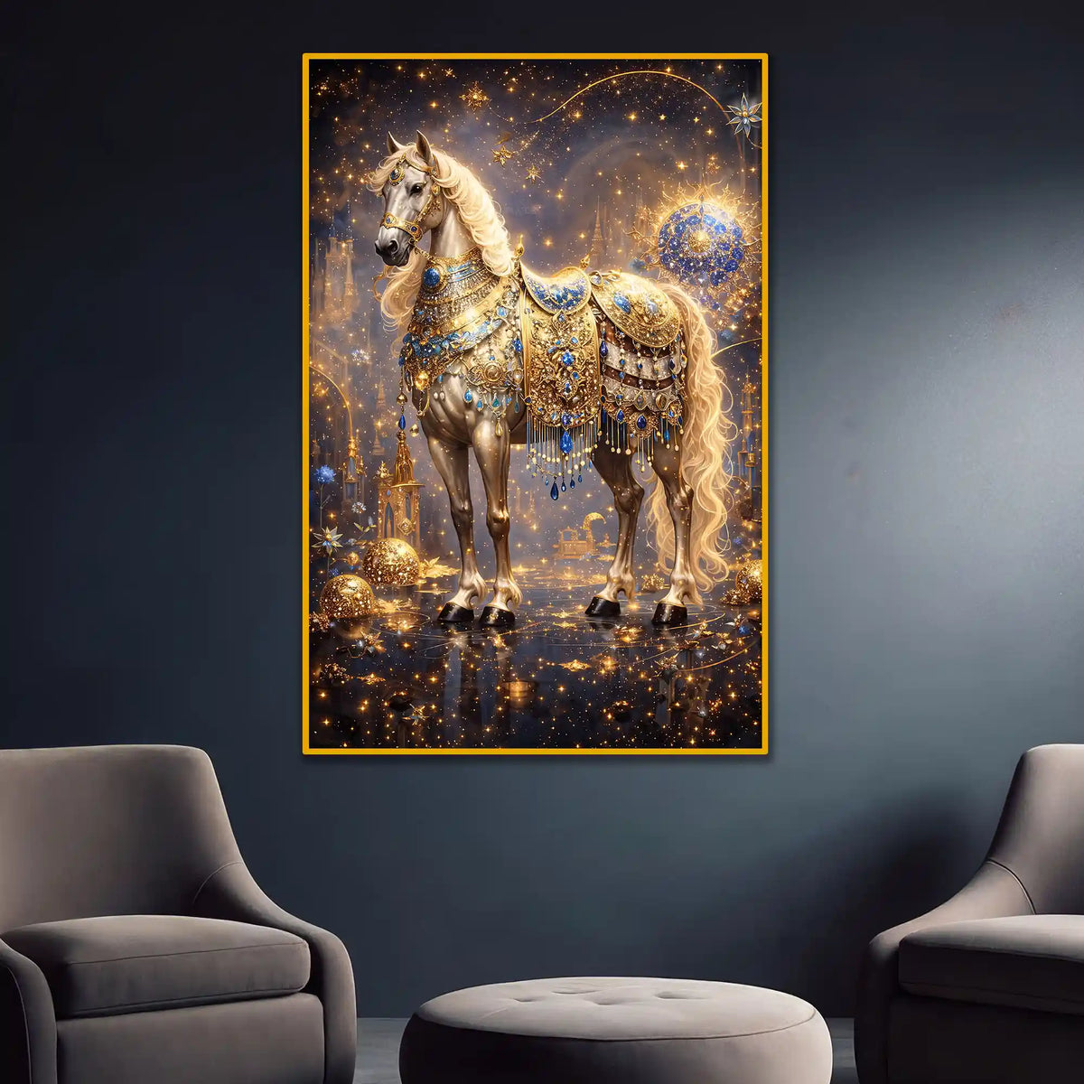 Majestic Horse with Golden Embellishments Floating Frame Crystal Wall Painting