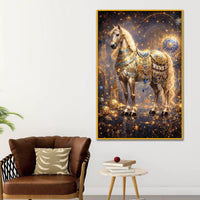 Majestic Horse with Golden Embellishments Floating Frame Crystal Wall Painting
