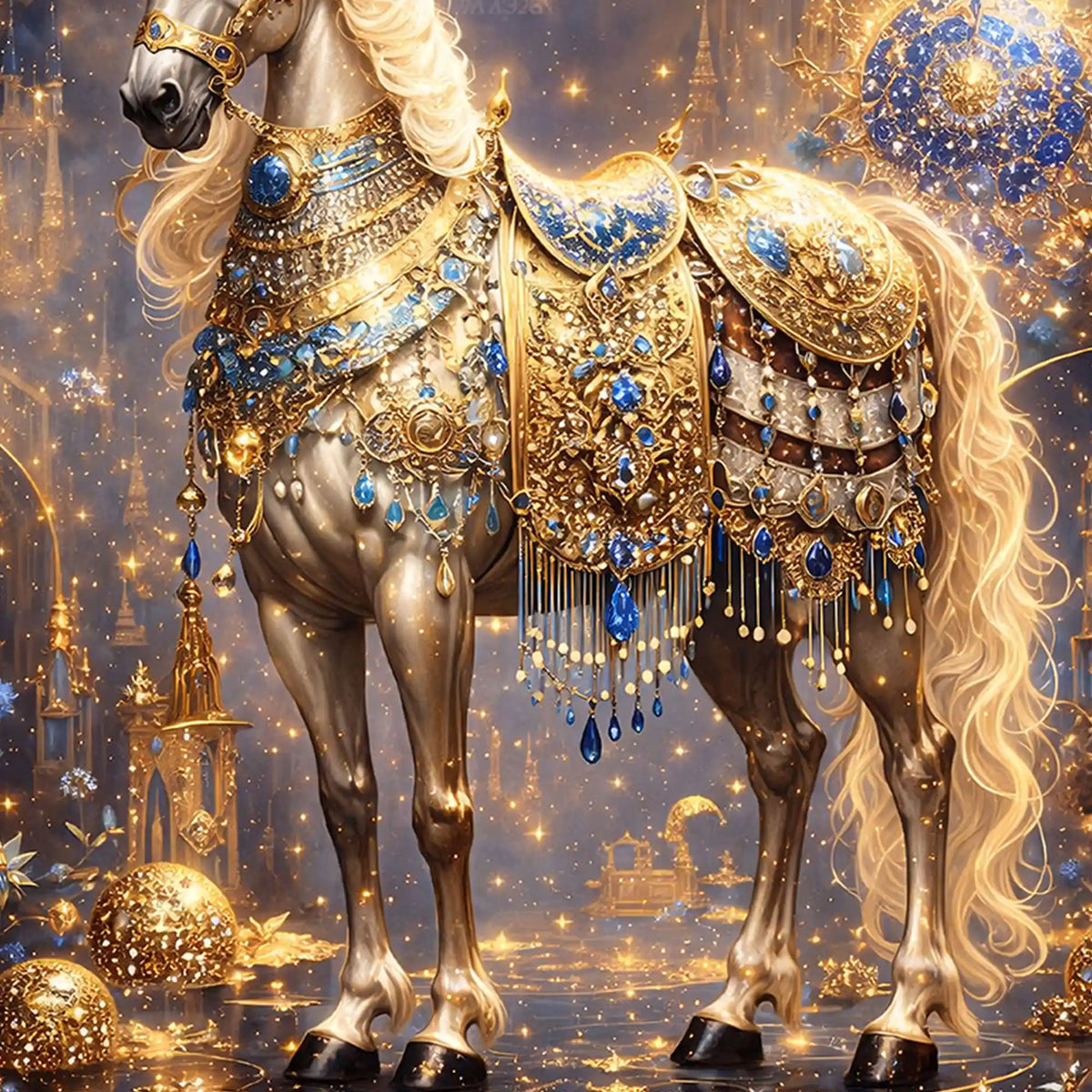 Majestic Horse with Golden Embellishments Floating Frame Crystal Wall Painting
