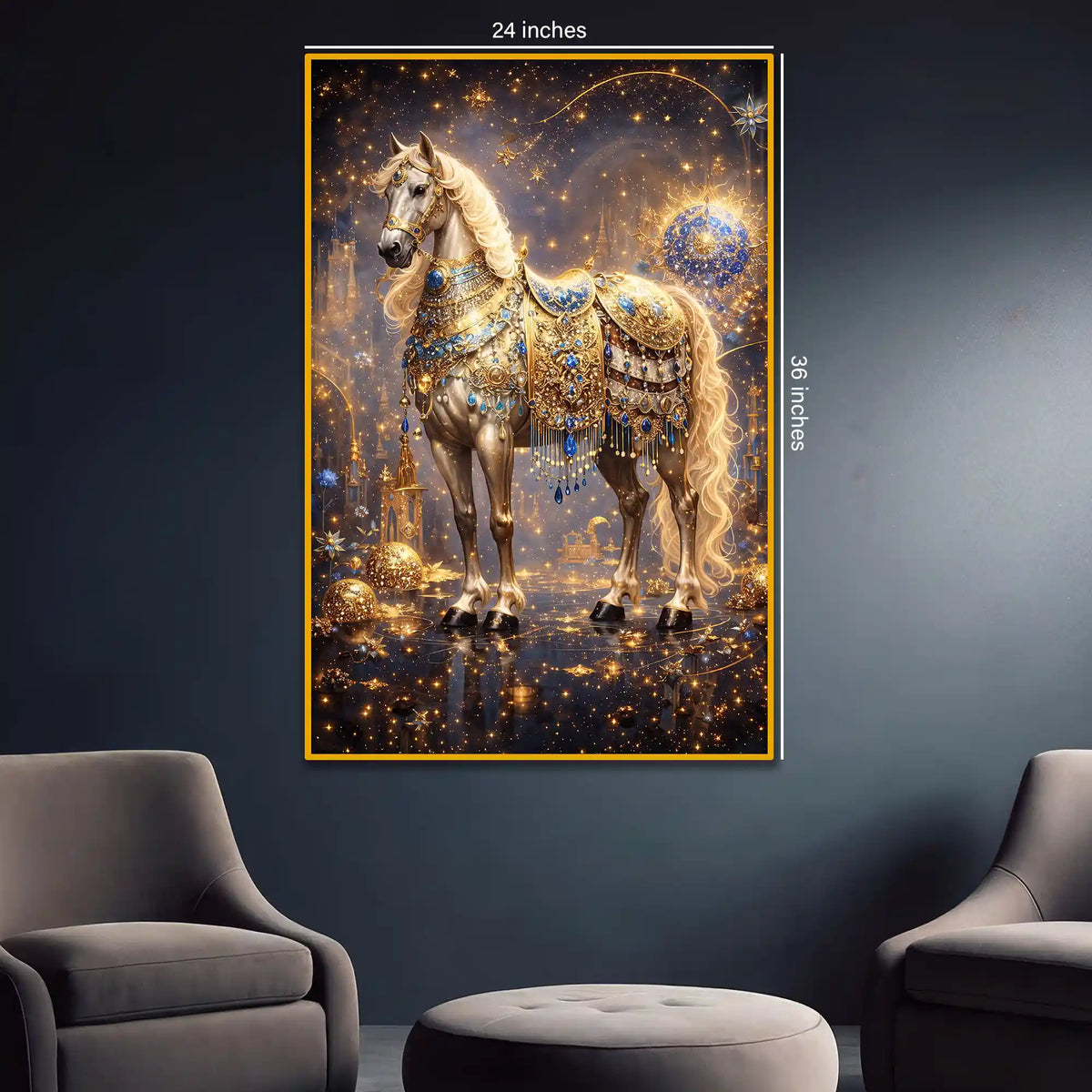 Majestic Horse with Golden Embellishments Floating Frame Crystal Wall Painting
