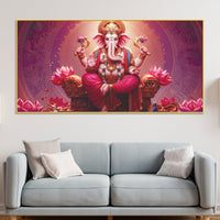 Majestic Lord Shri Ganesha Sitted on Lotus Throne Canvas Wall Painting Pink Themed – Spiritual Wall Art for Home Décor