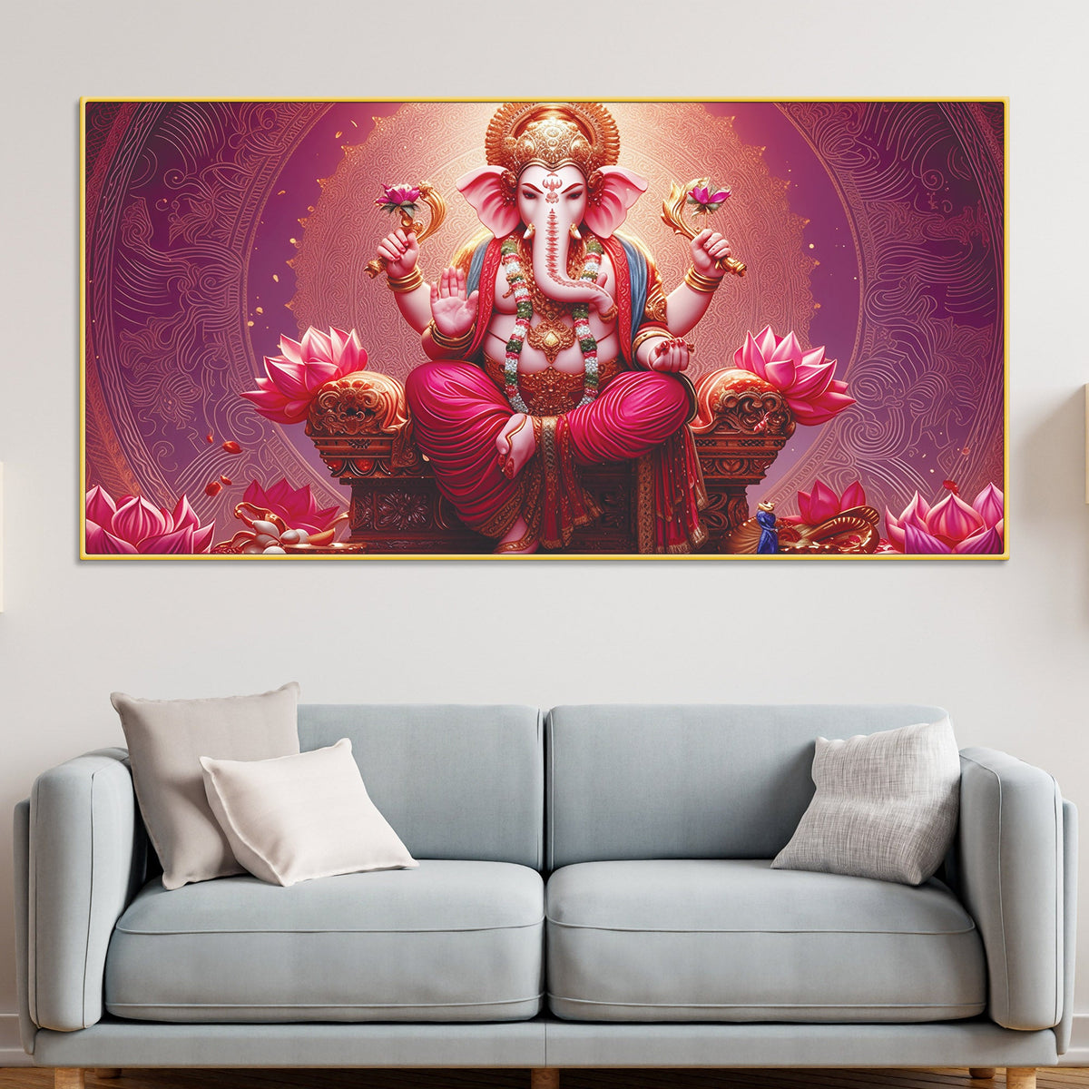 Majestic Lord Shri Ganesha Sitted on Lotus Throne Canvas Wall Painting Pink Themed – Spiritual Wall Art for Home Décor