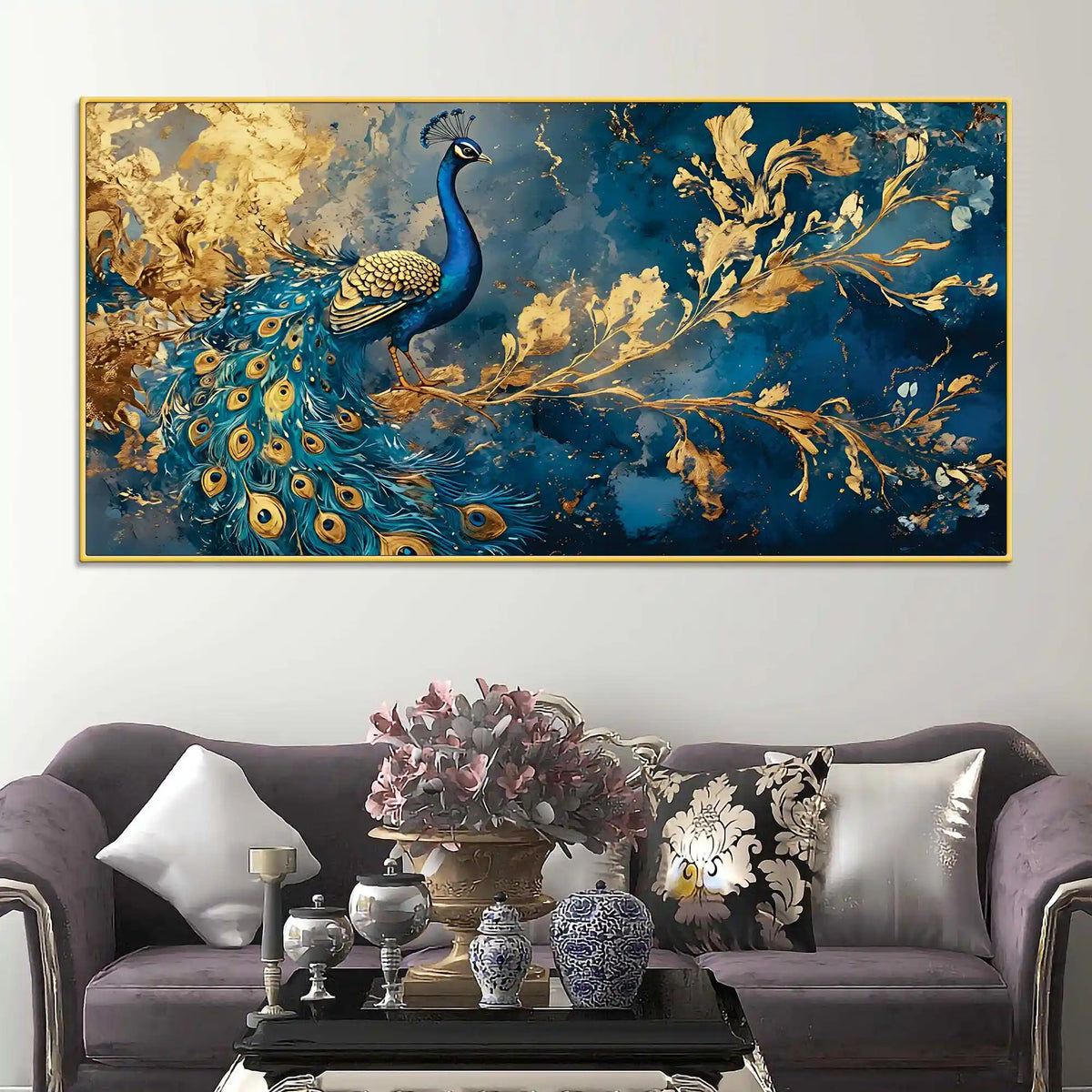 Majestic Peacock in Golden Bloom Canvas Wall Painting