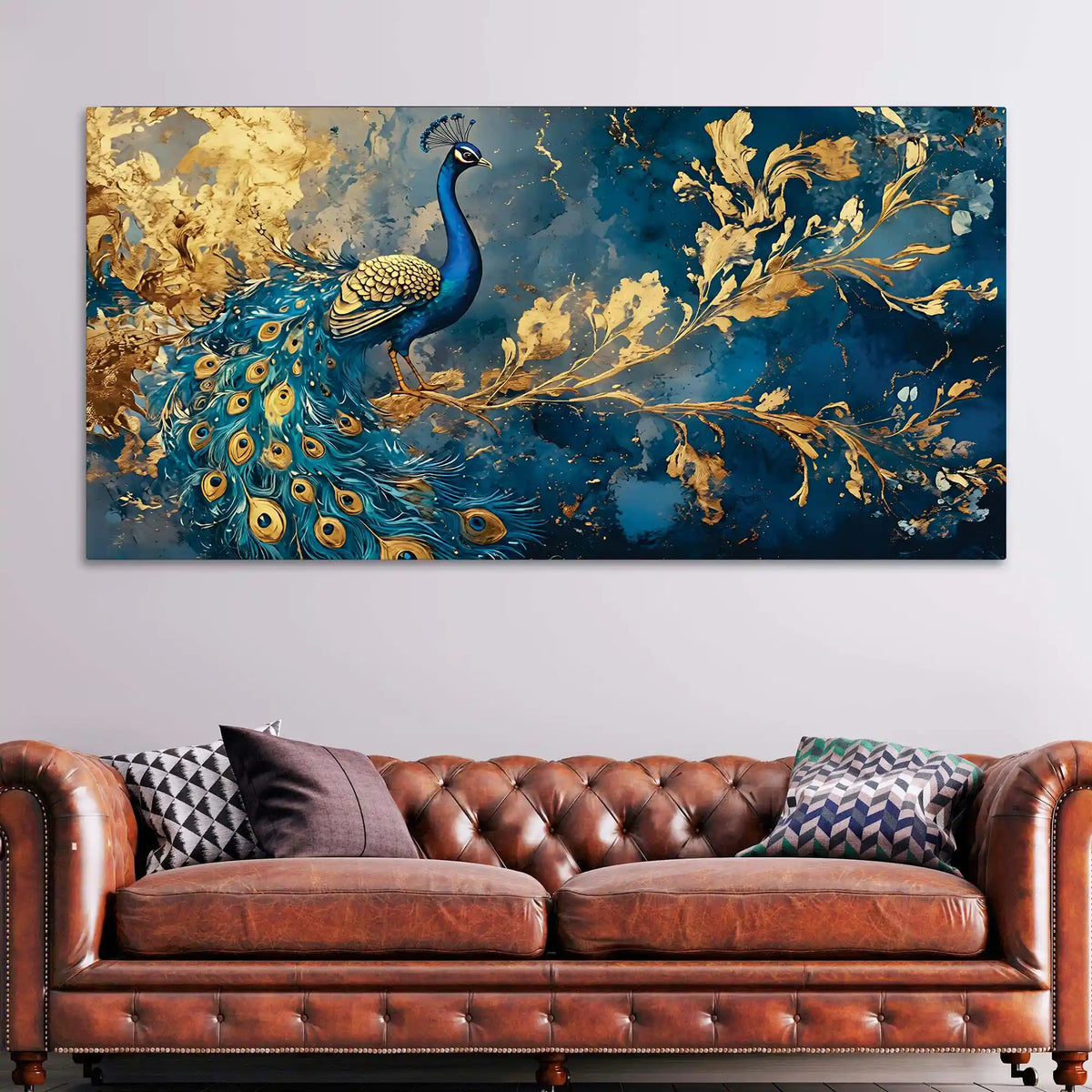 Majestic Peacock in Golden Bloom Canvas Wall Painting