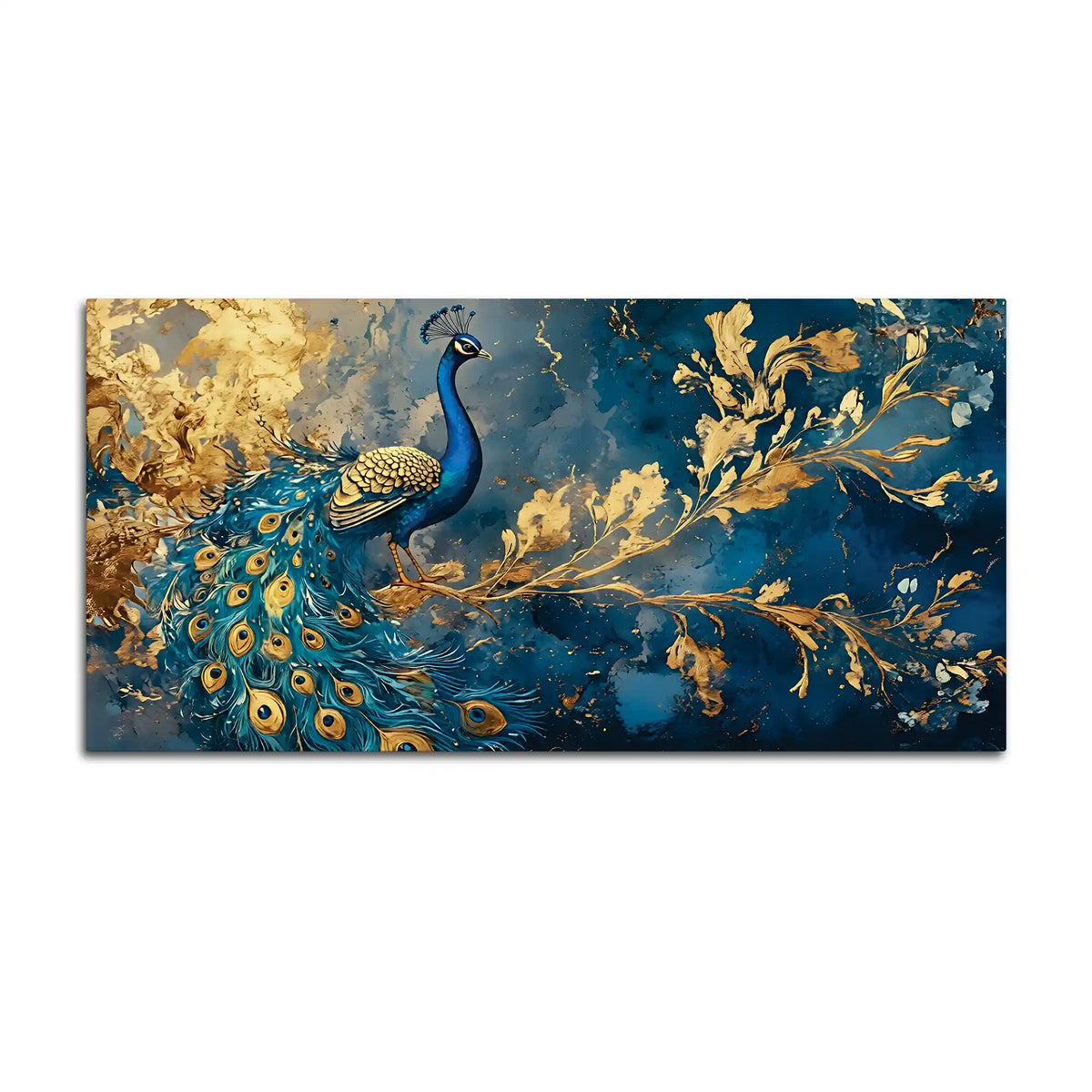 Majestic Peacock in Golden Bloom Canvas Wall Painting
