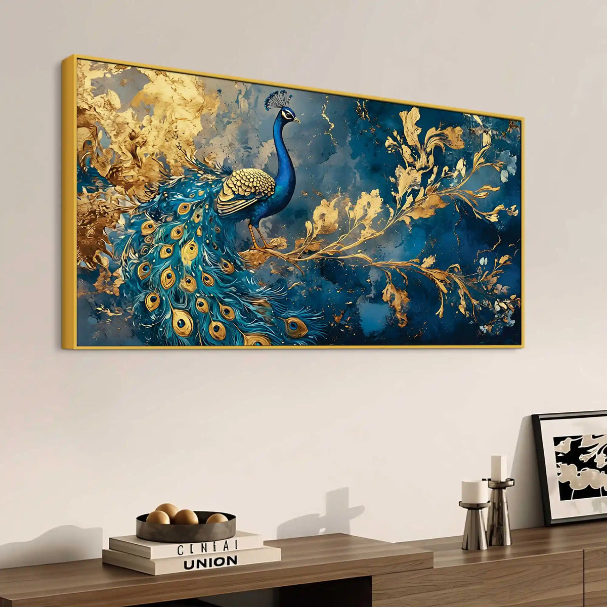 Majestic Peacock in Golden Bloom Canvas Wall Painting