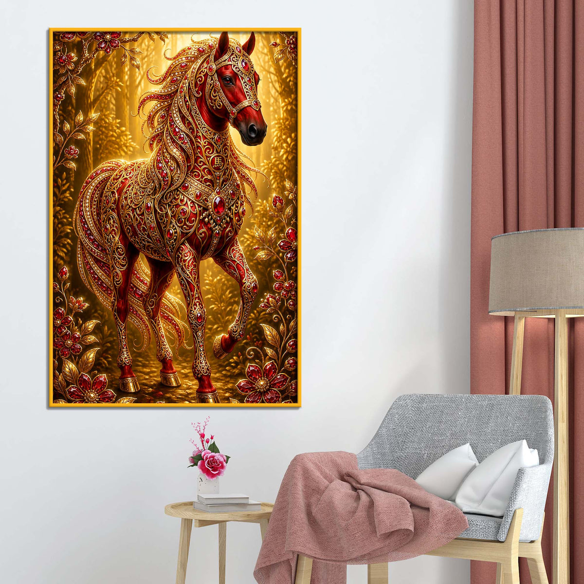 Majestic Red Horse Floating Frame Crystal Wall Painting