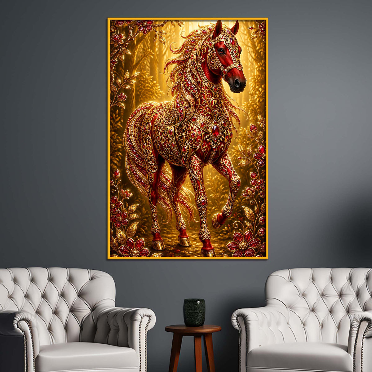 Majestic Red Horse Floating Frame Crystal Wall Painting