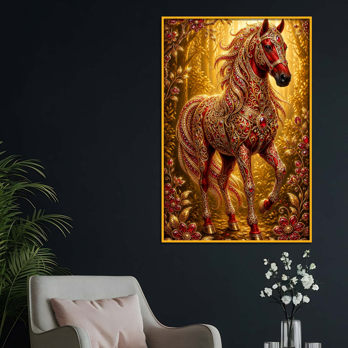 Majestic Red Horse Floating Frame Crystal Wall Painting