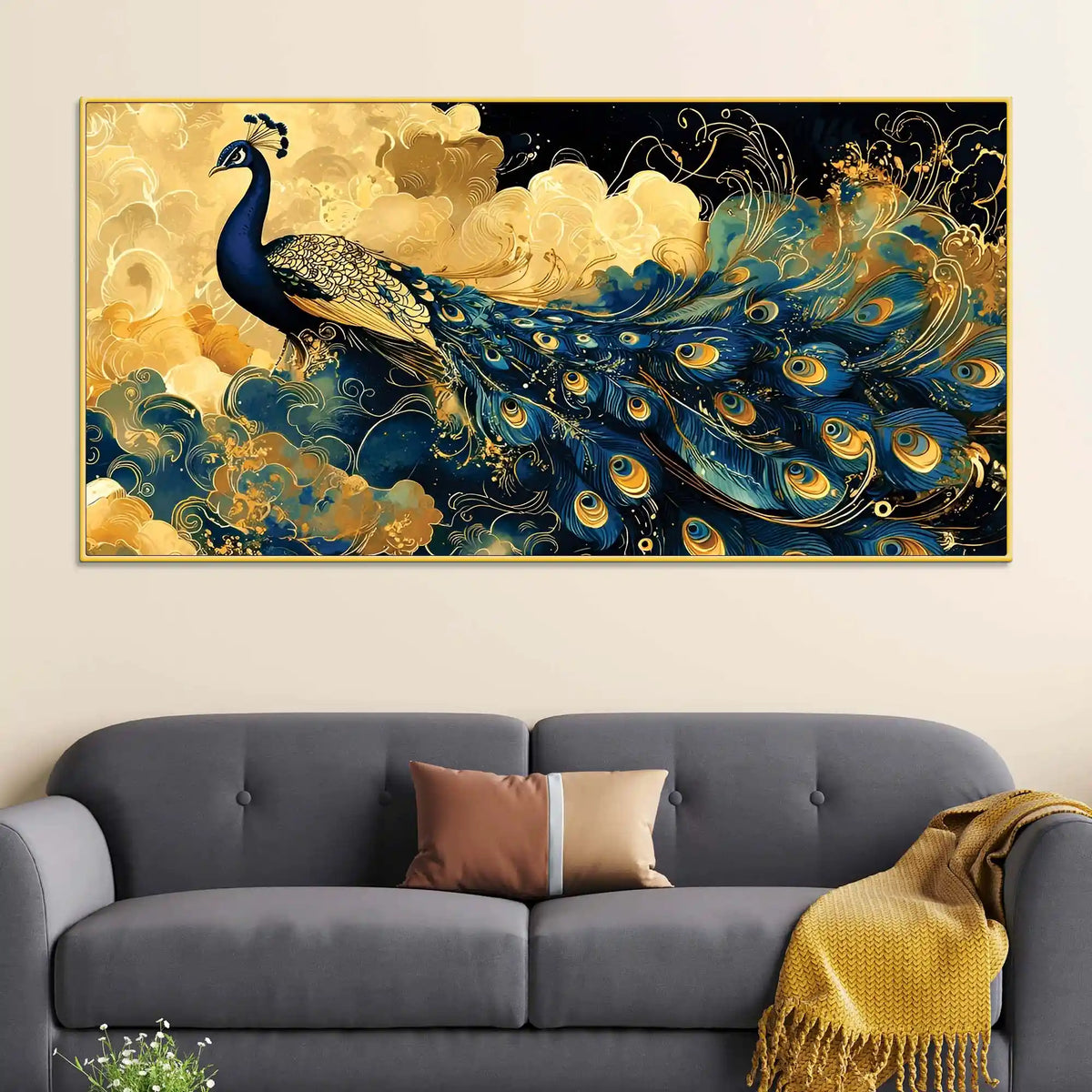 Majestic Royal Peacock in Golden Cloud Canvas Wall Painting