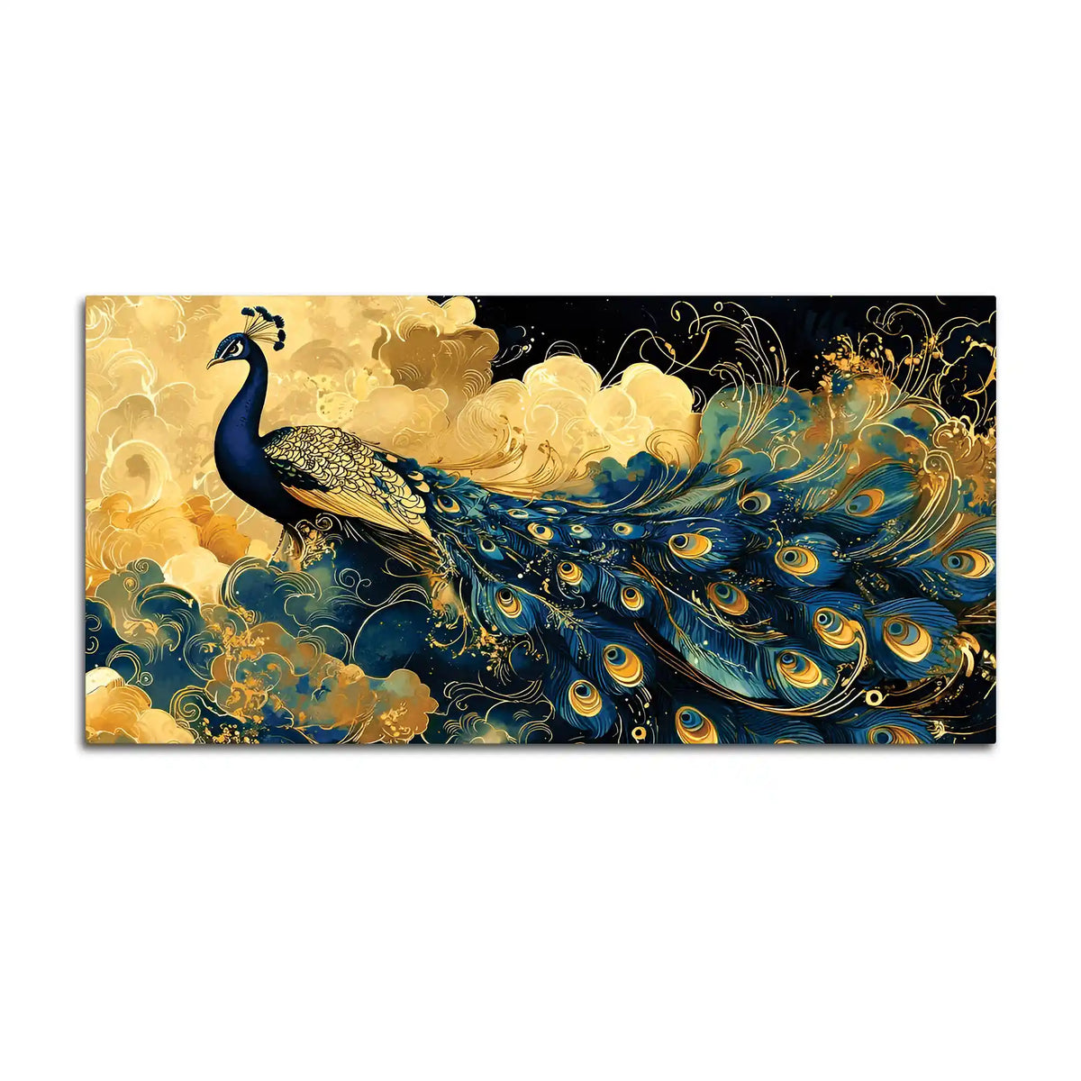 Majestic Royal Peacock in Golden Cloud Canvas Wall Painting
