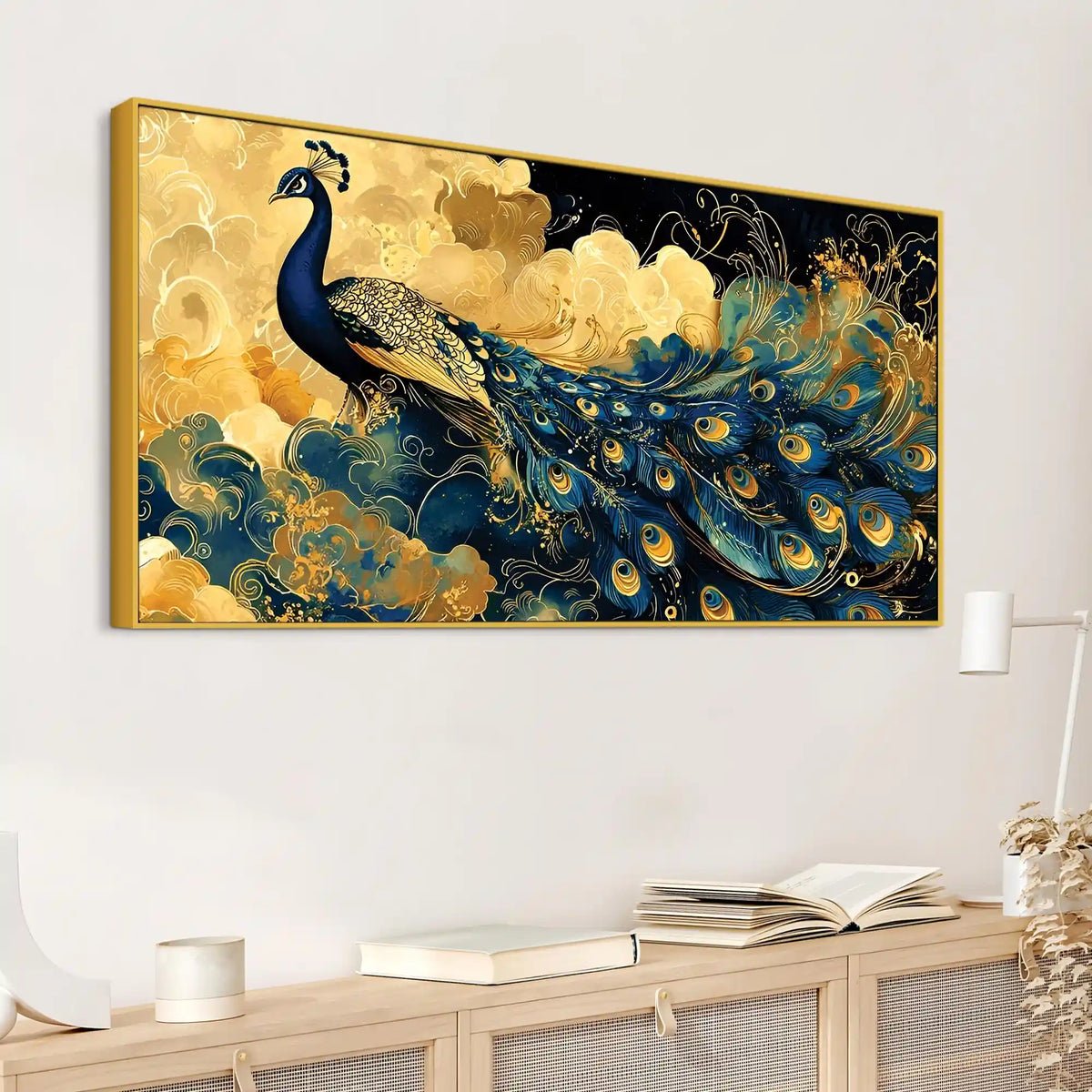 Majestic Royal Peacock in Golden Cloud Canvas Wall Painting