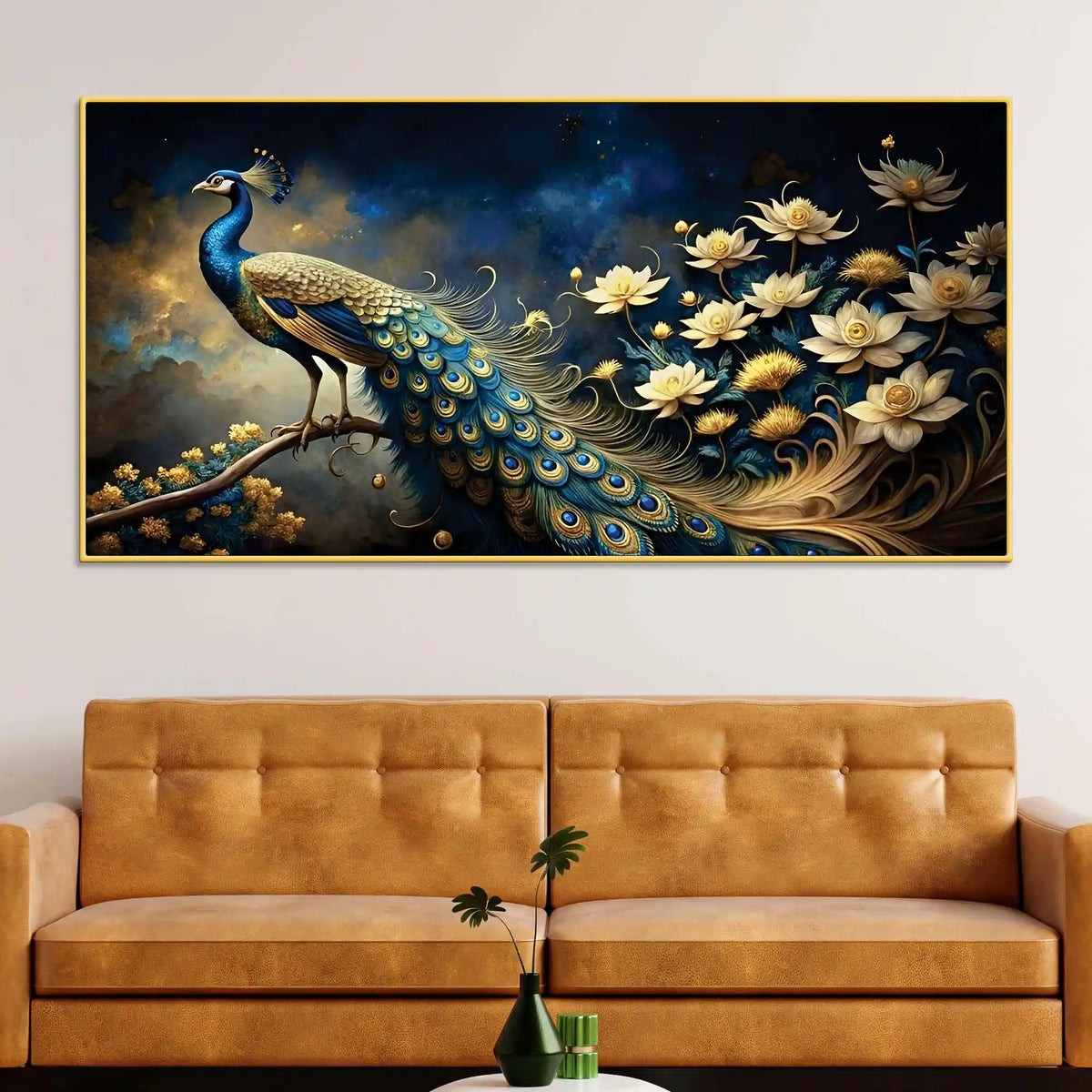 Majestic Royal Peacock in Lotus Garden Under Starlit Canvas Wall Painting