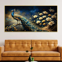 Majestic Royal Peacock in Lotus Garden Under Starlit Canvas Wall Painting