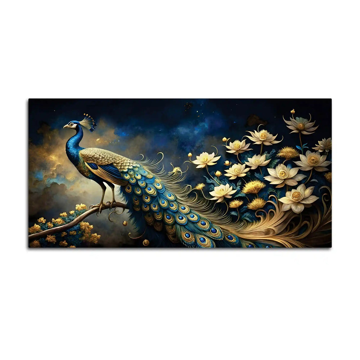 Majestic Royal Peacock in Lotus Garden Under Starlit Canvas Wall Painting