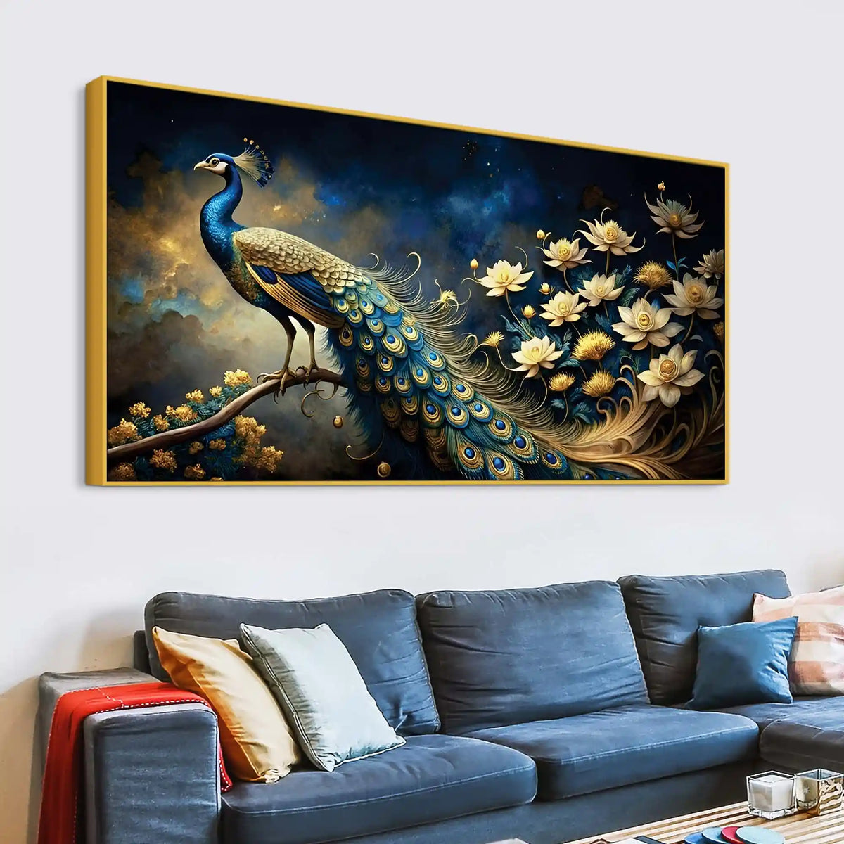 Majestic Royal Peacock in Lotus Garden Under Starlit Canvas Wall Painting