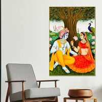 Majestic Shree Radha Krishna Garden Scene Canvas Wall Painting